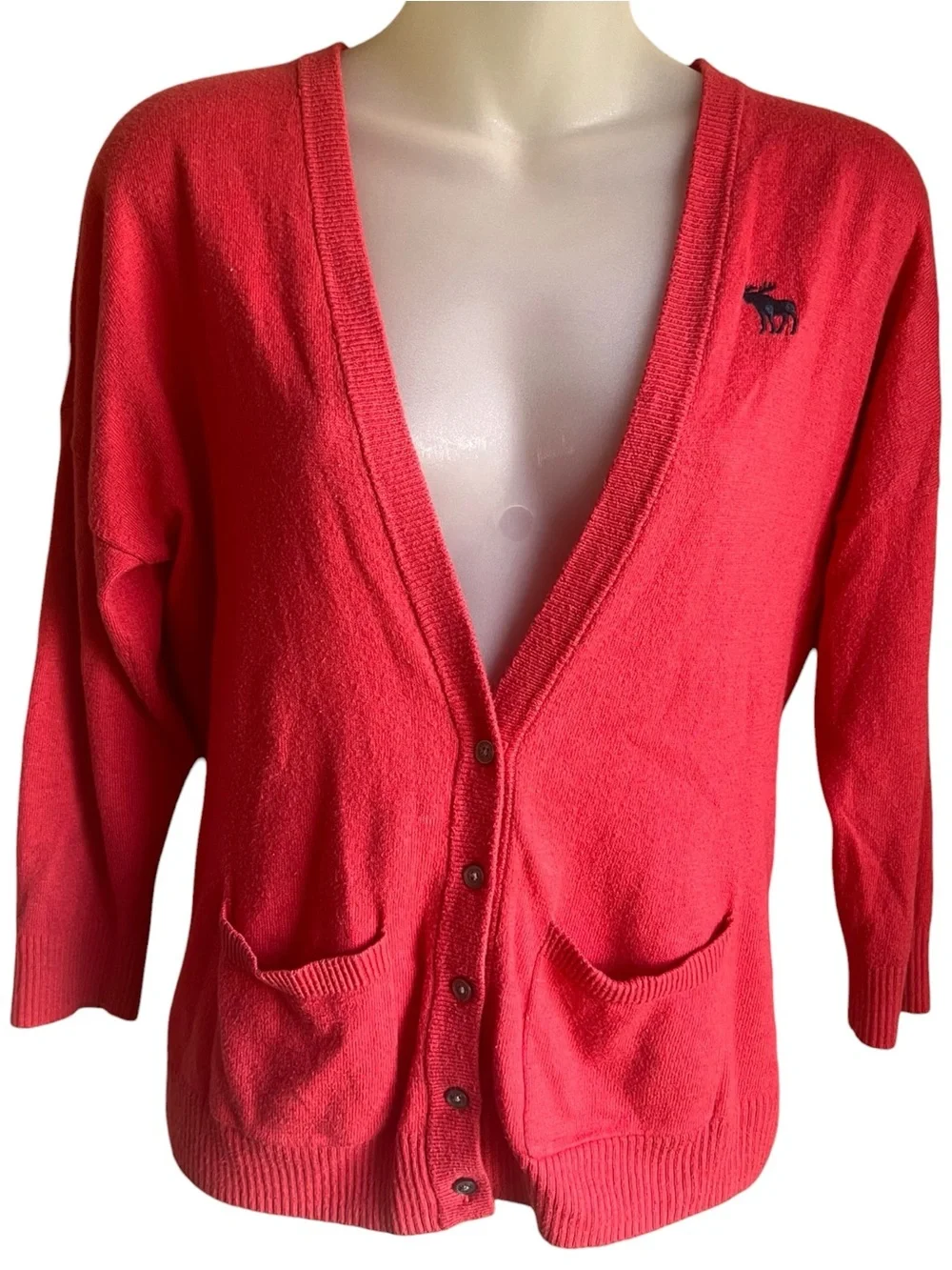 VTG Abercrombie & Fitch Cardigan M Fuschia Moose Button Front Pockets Preppy Y2K